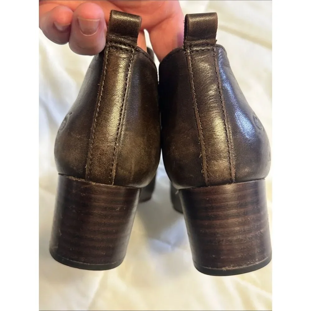 Born Aneto Leather Ankle Booties Womens 7M Block Heel Side Zip Cognac Brown